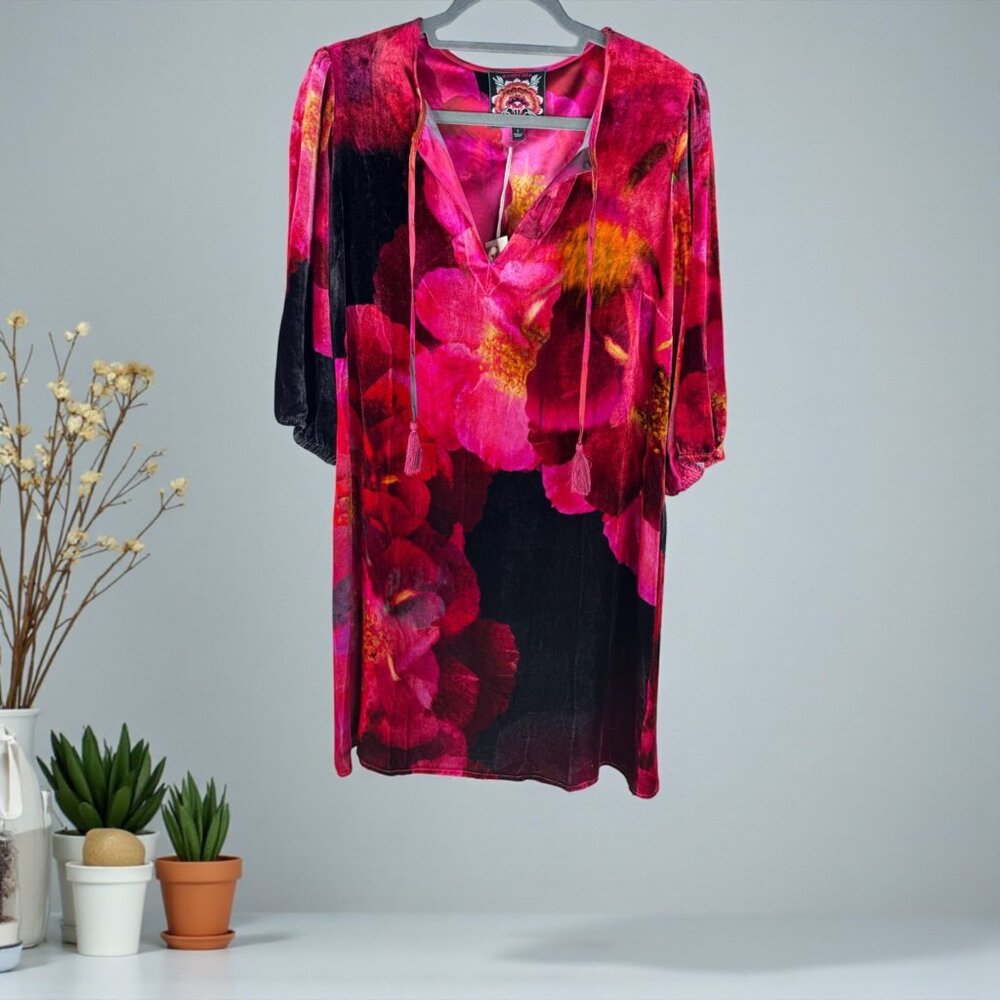 Johnny Was Vesna Velvet Silk Blend Shift Mini Dress in Ruby Bloom Size S NWT